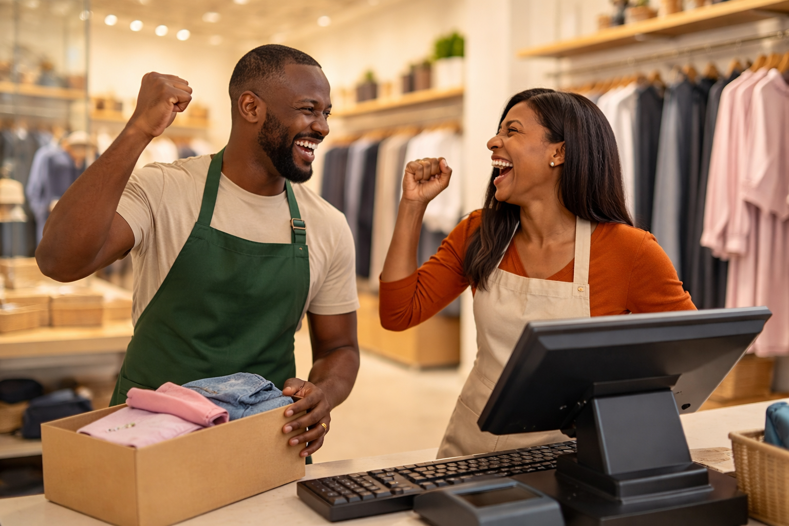 African girl working in a retail shop using POS system